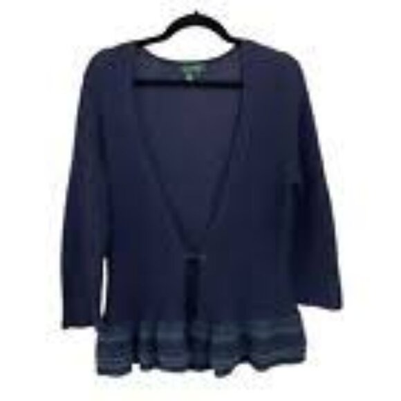 Lauren Ralph Lauren Womens Linen Cardigan Sweater Knit Ruffle Hem in Navy Blue - Picture 7 of 10